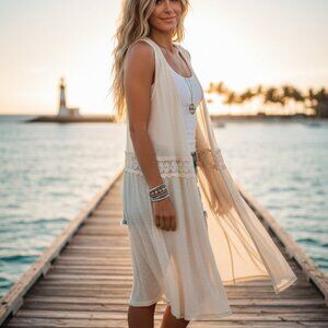 NWT Altar'd State Cream Crochet Lace Waffle Knit Long Vest L